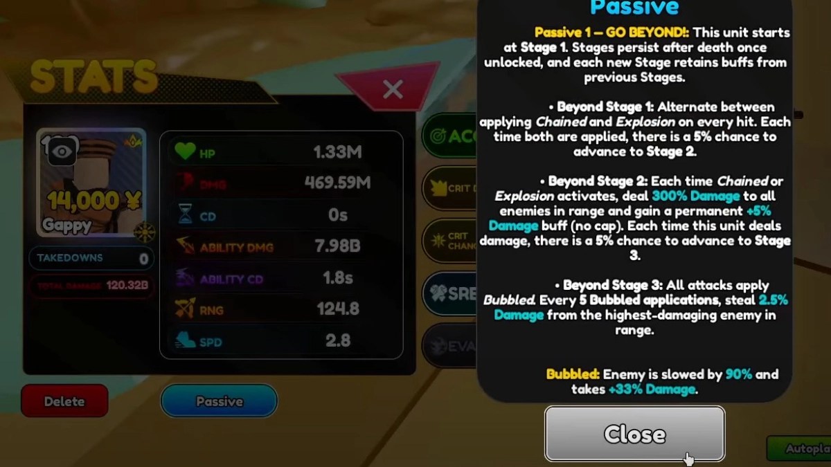 Preview of the potential DPS of Gappy in Anime Rangers X Roblox experience.