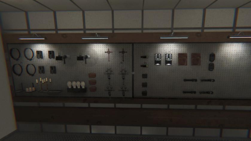 Challenge equipment hung on the wall in Phasmophobia.