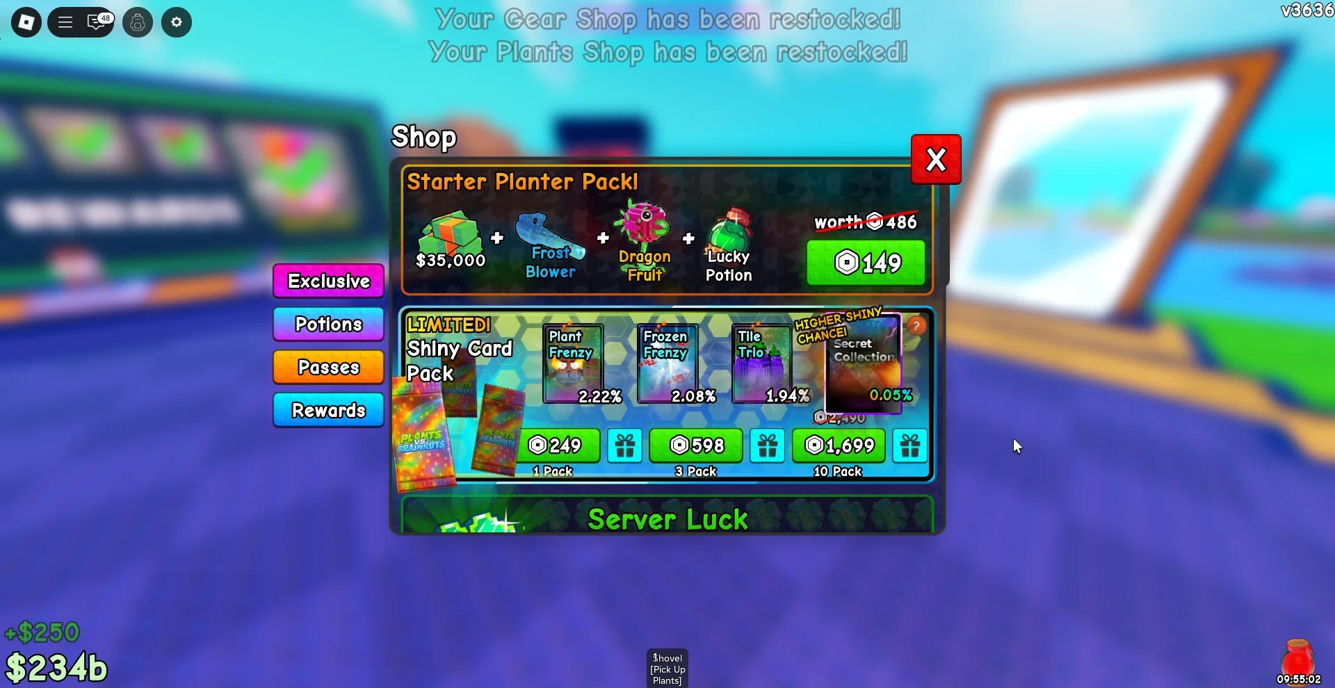 Shiny card packs in the Robux Shop in Plants vs Brainrots Roblox experience.