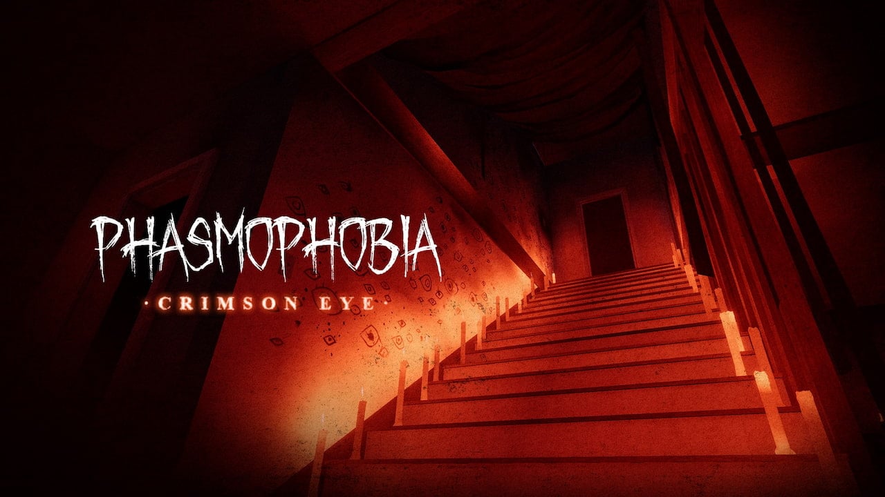 Crimson eye event name over red background with stairs in phasmophobia