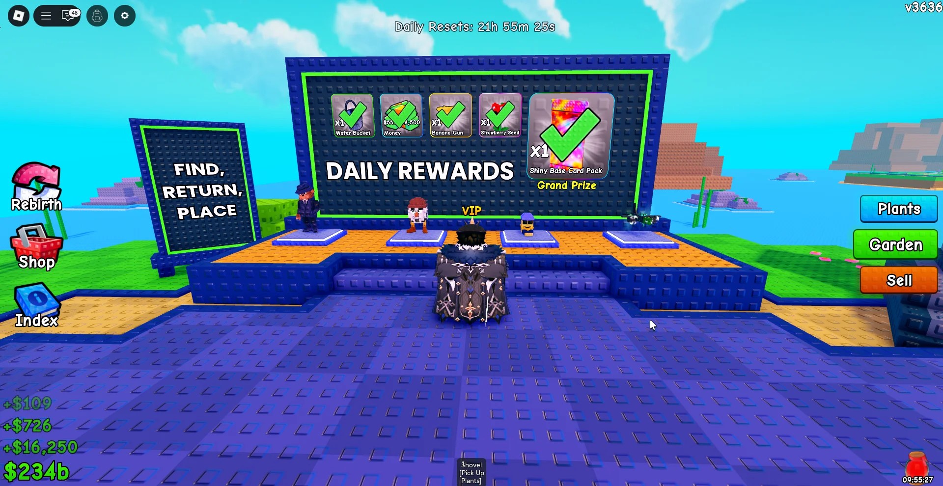 Preview of the daily rewards that grant shiny card packs in Plants vs Brainrots Roblox experience.