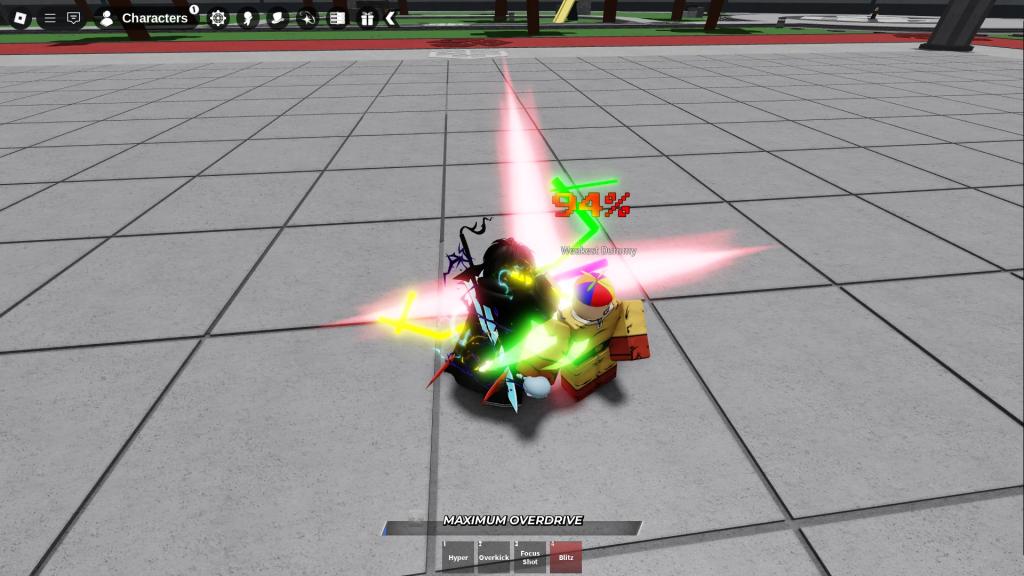 A player testing moves on the practice dummy in Heroes Battlegrounds Roblox experience.