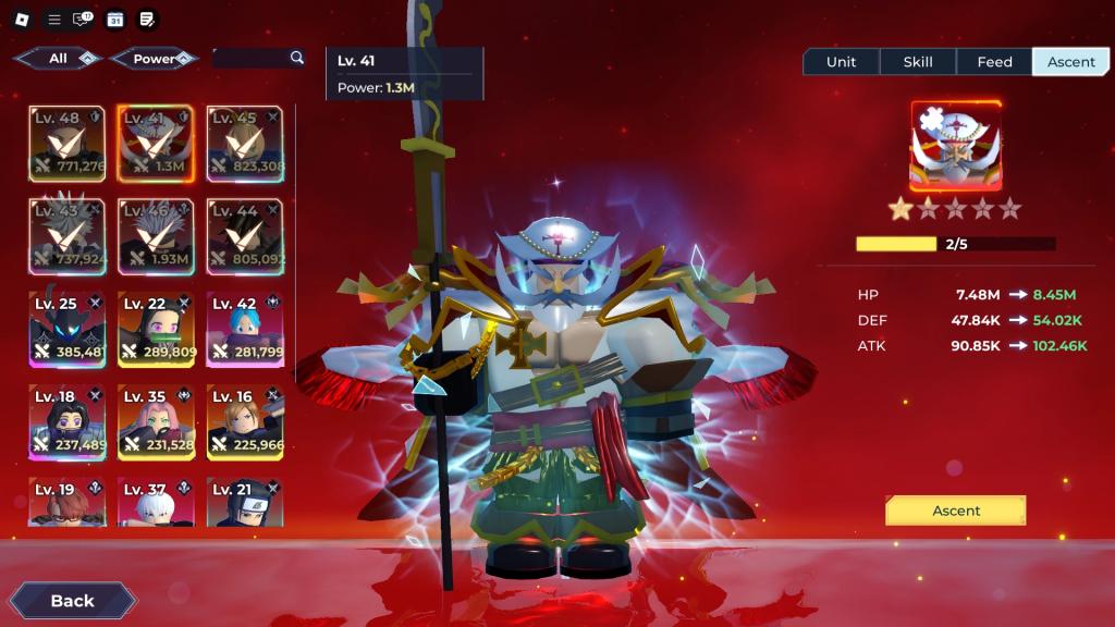 Preview of the ascend menu of a unit in the Anime Raid Roblox experience.