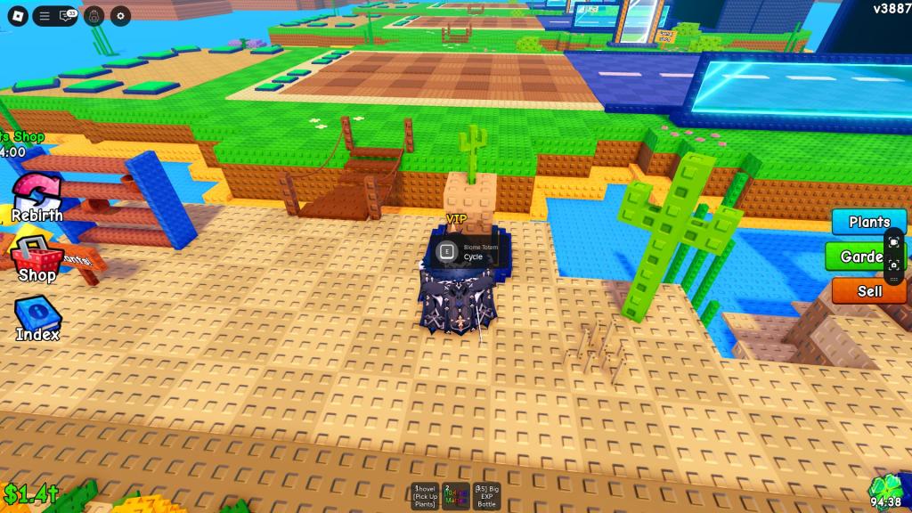 A player interacting with the Desert Totem in Plants vs Brainrots Roblox experience.