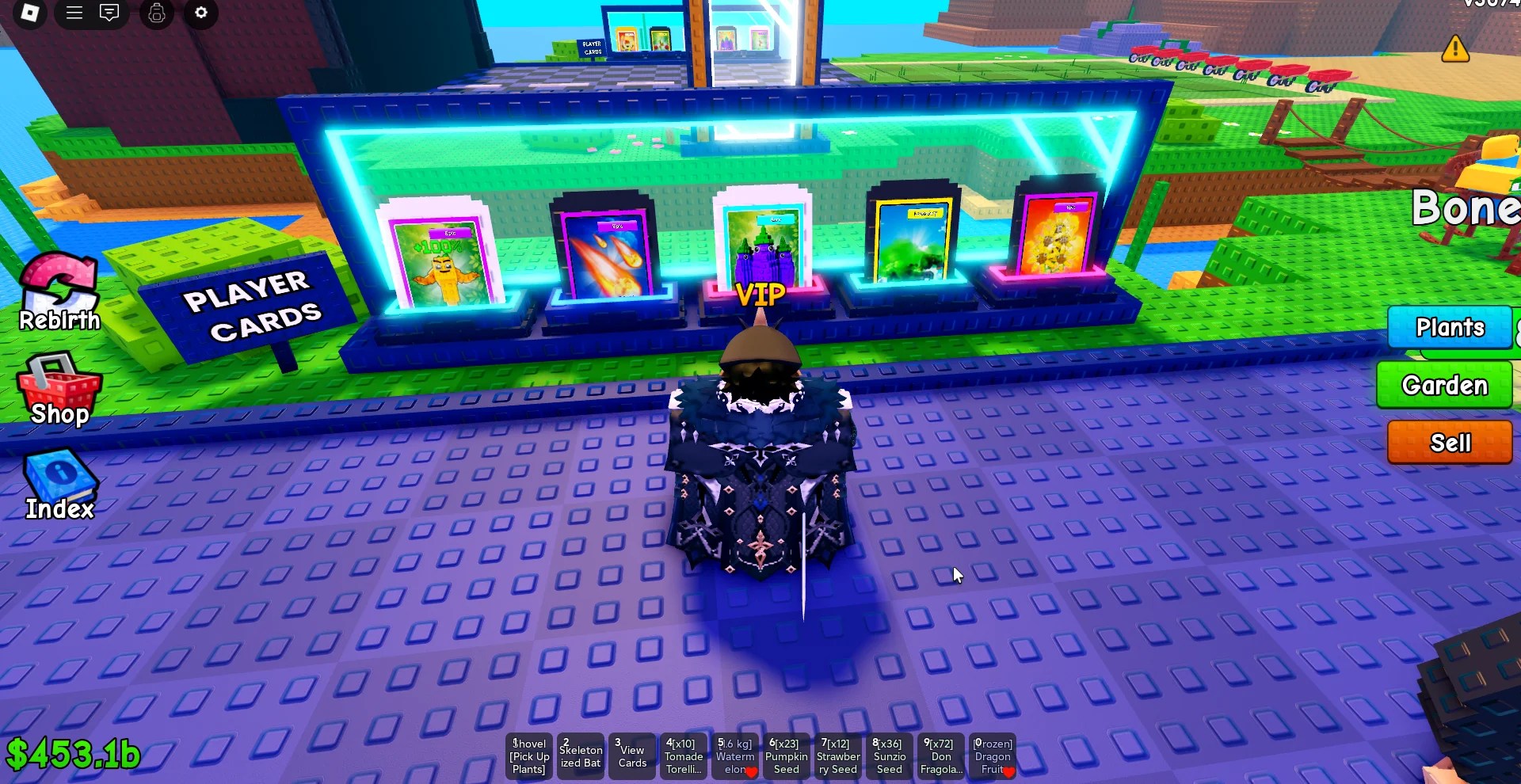 Location of the Player Cards zone on the main island in Plants vs Brainrots Roblox experience.