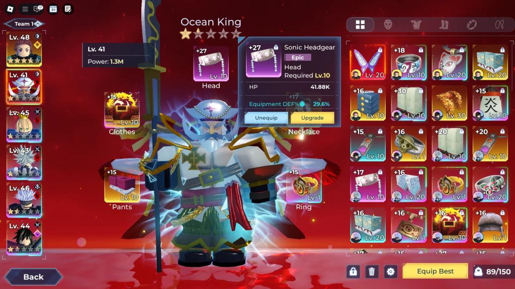 Preview of the equipment menu of a unit in the Anime Raid Roblox experience.