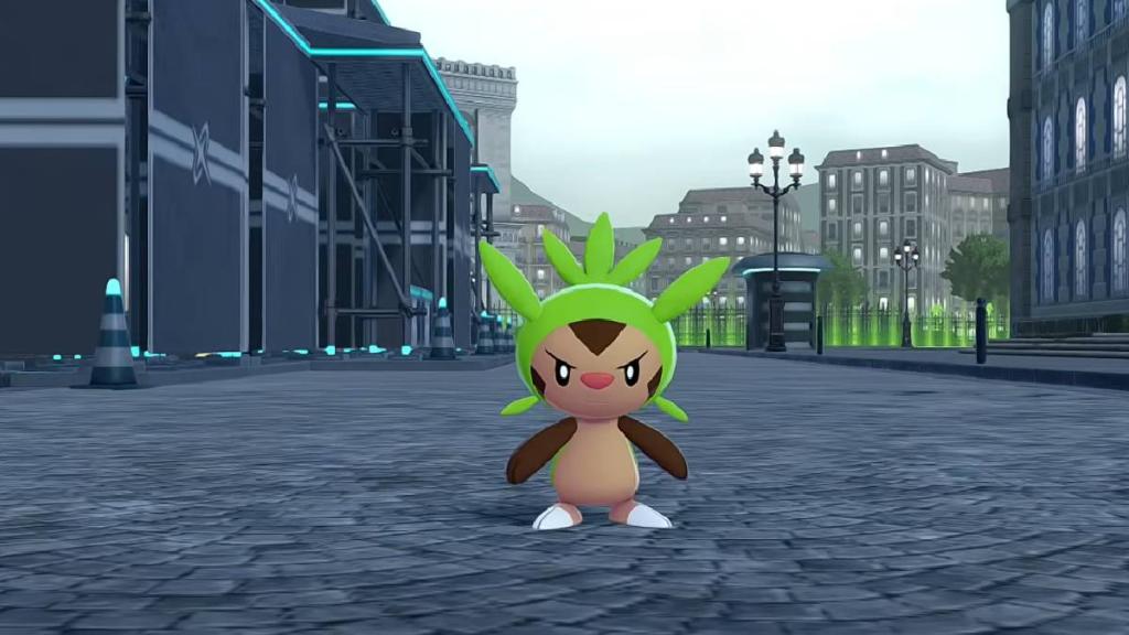 The Pokémon Chespin stands in a street in Pokémon Legends Z-A