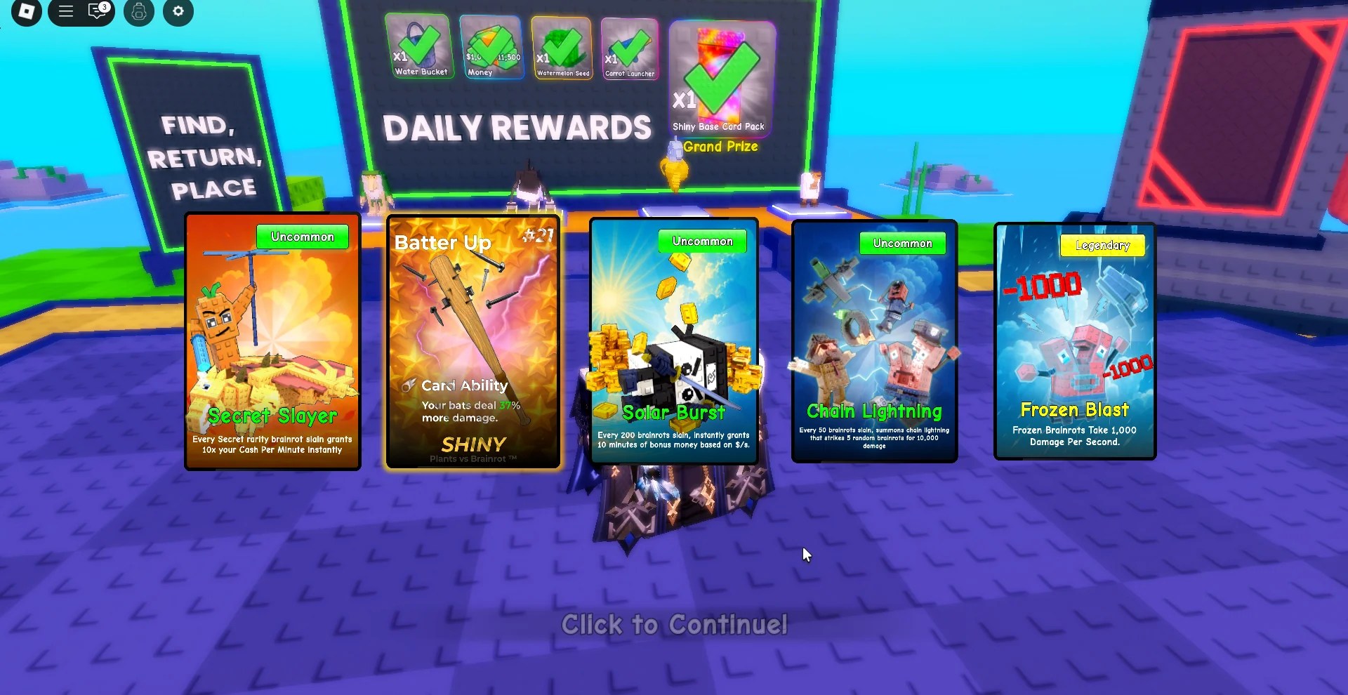 Preview of the contents from one card pack in Plants vs Brainrots Roblox experience.