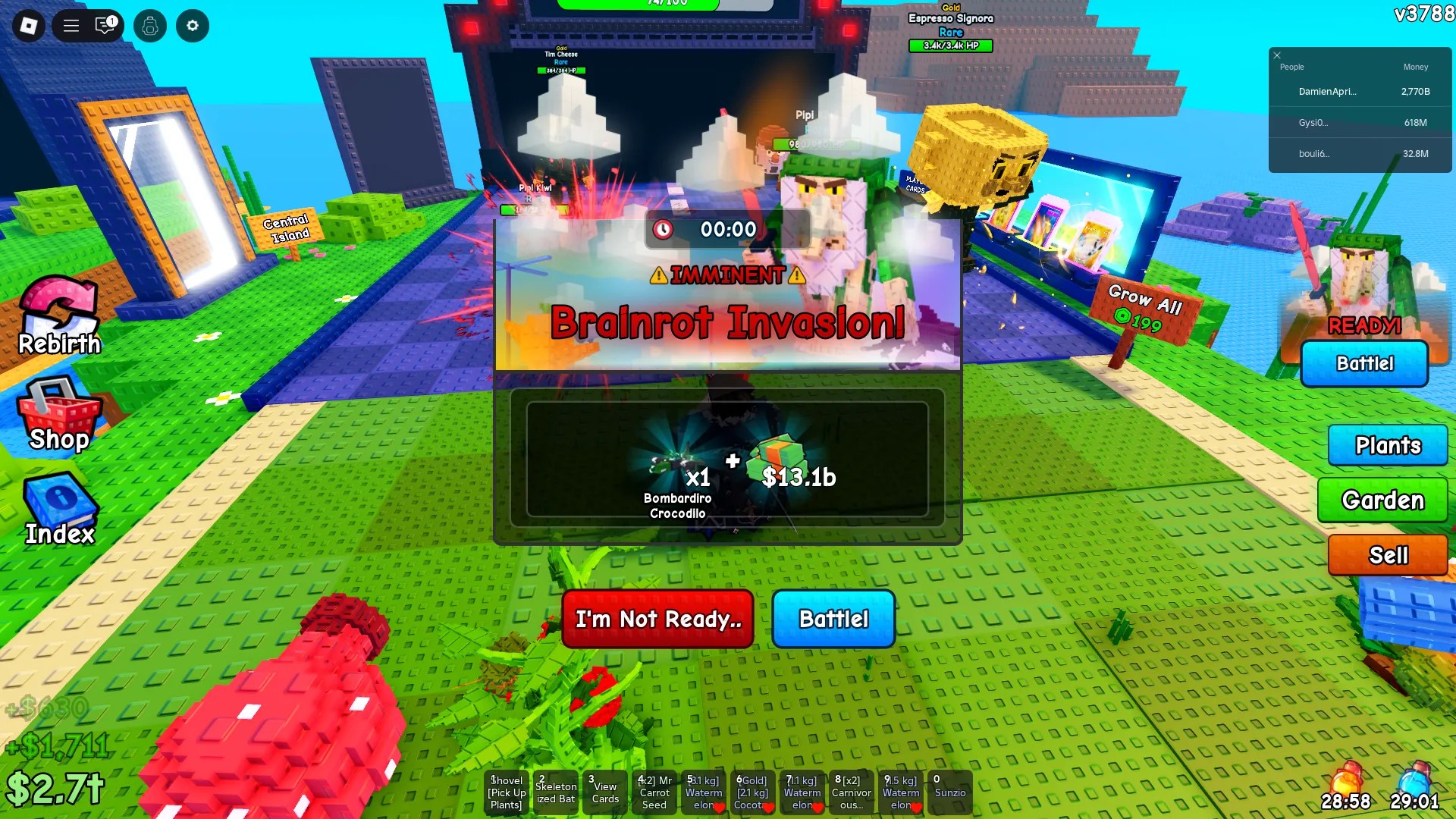 Showcase of the story exploit that allows players to instantly defeat all brainrots on their track in Plants vs Brainrots Roblox experience.