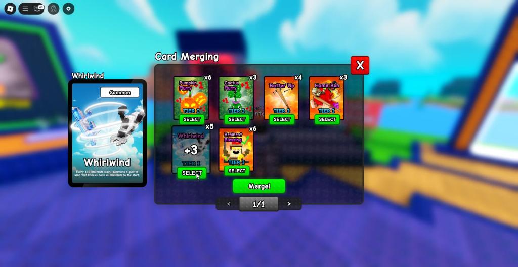 A player showing how to merge cards in Plants vs Brainrots Roblox experience.