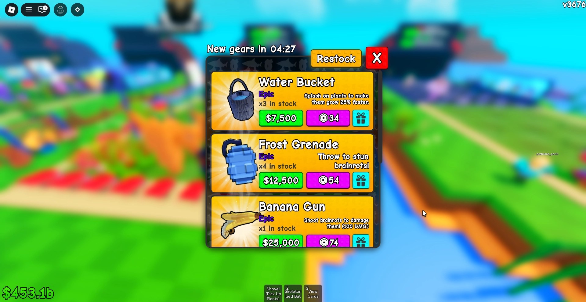 Preview of the gear shop menu in Plants vs Brainrots Roblox experience.