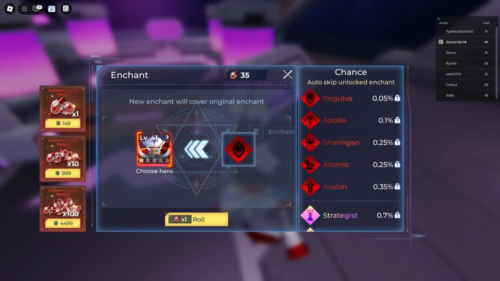 Preview of the enchant menu in the Anime Raid Roblox experience.