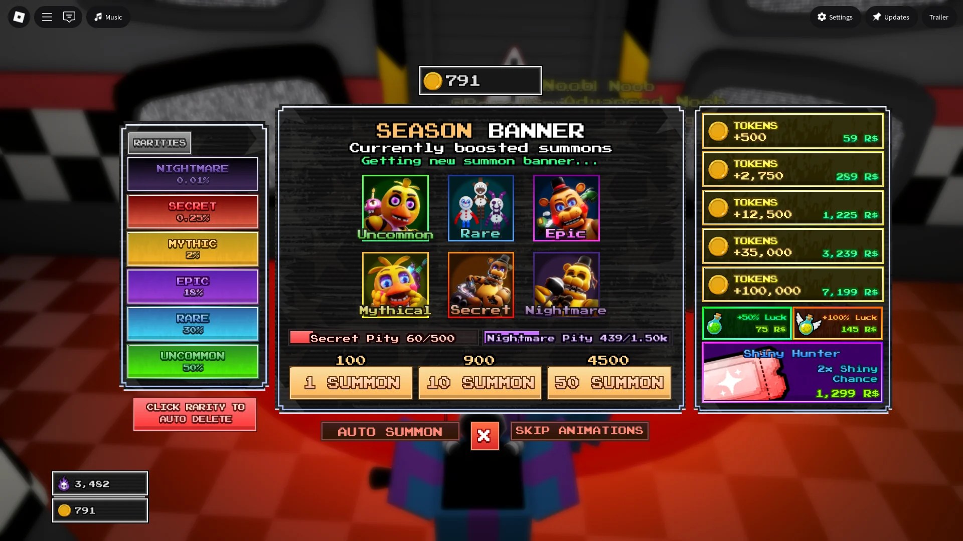 Preview of the summon menu in the FNTD 2 Roblox experience.