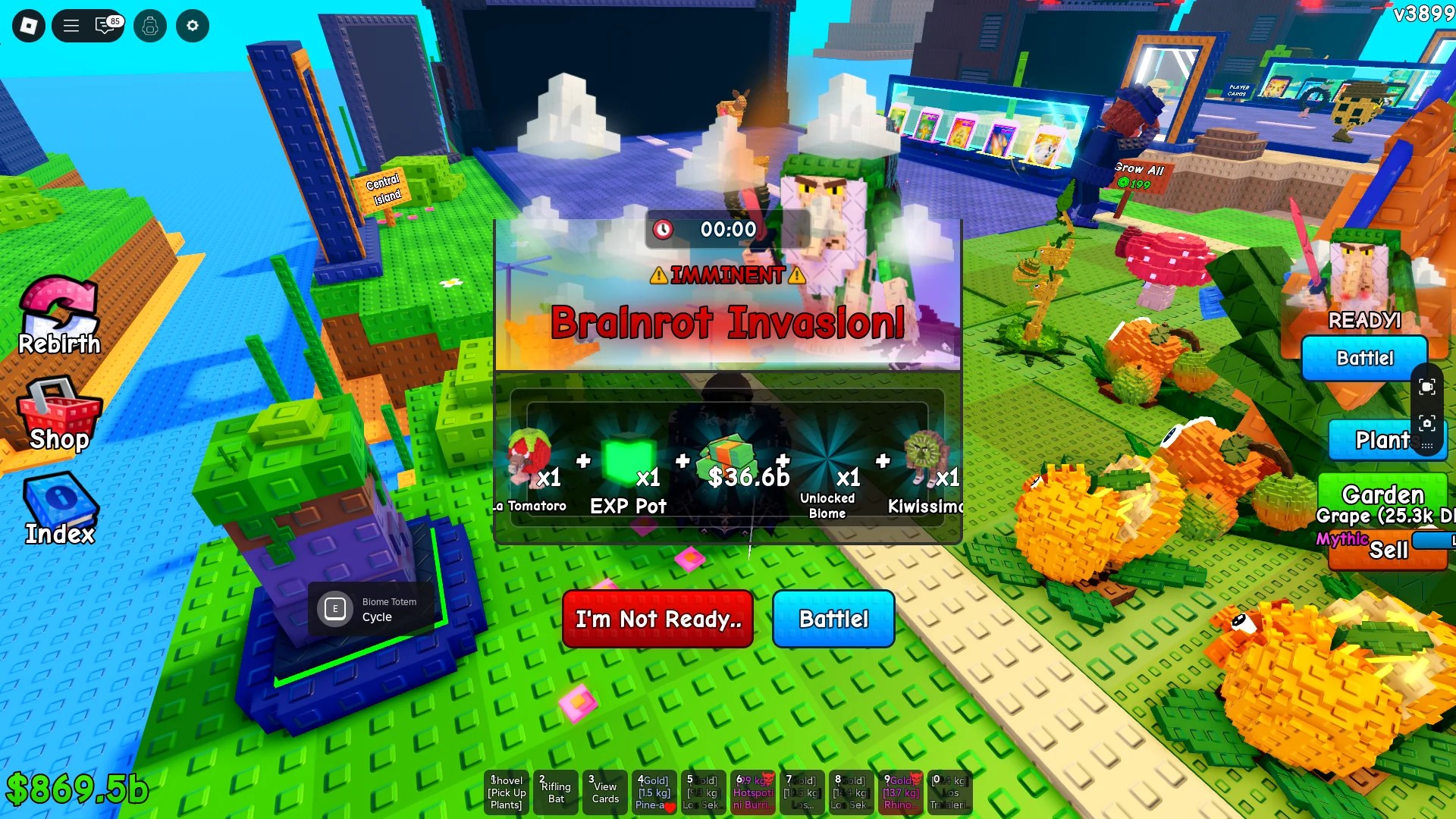 Um jogador completando a missão da 50ª história que desbloqueia o bioma da selva para ele na experiência Plants vs Brainrots Roblox.