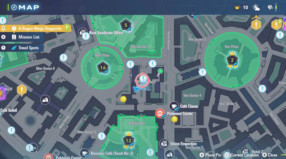 A zoom-in on the Lumiose City map showing the Litwick spawn area.