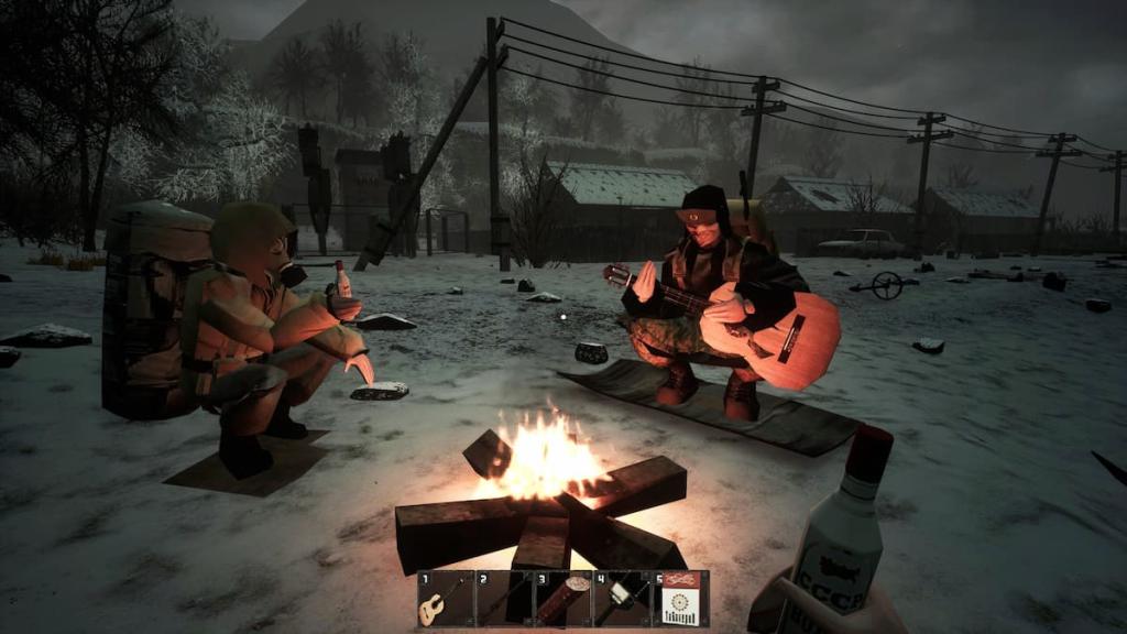 Several characters sitting around a campfire in Misery.