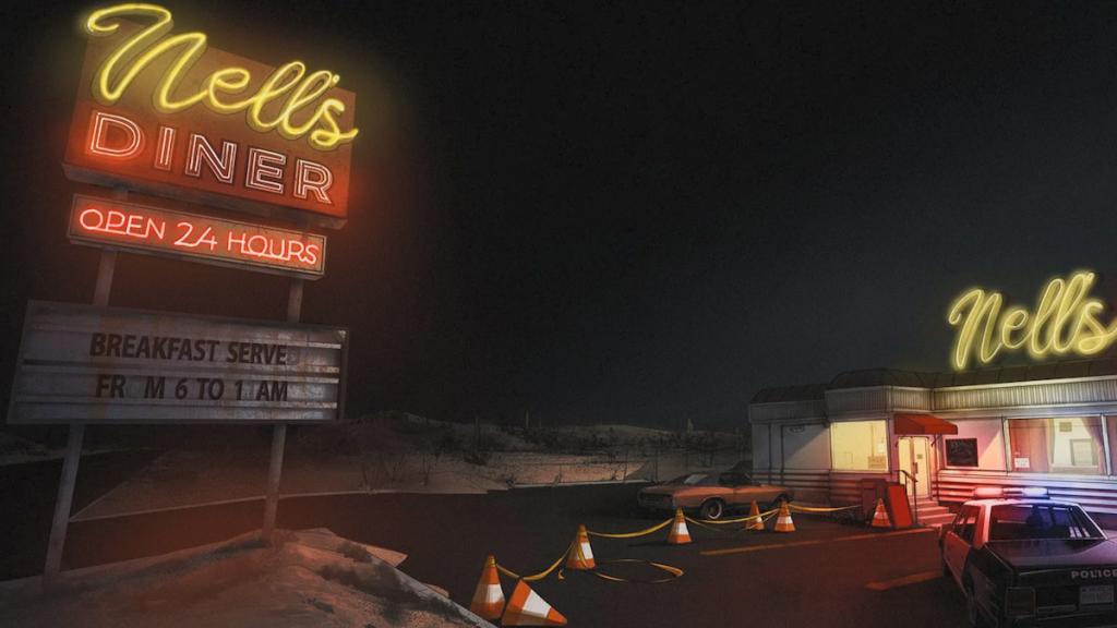 Outside of Nell's Diner with a bright neon sign and a police car in the parking lot in phasmophobia