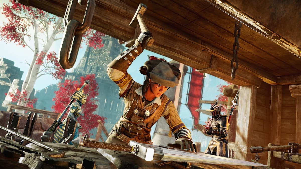 A player smithing in New World.