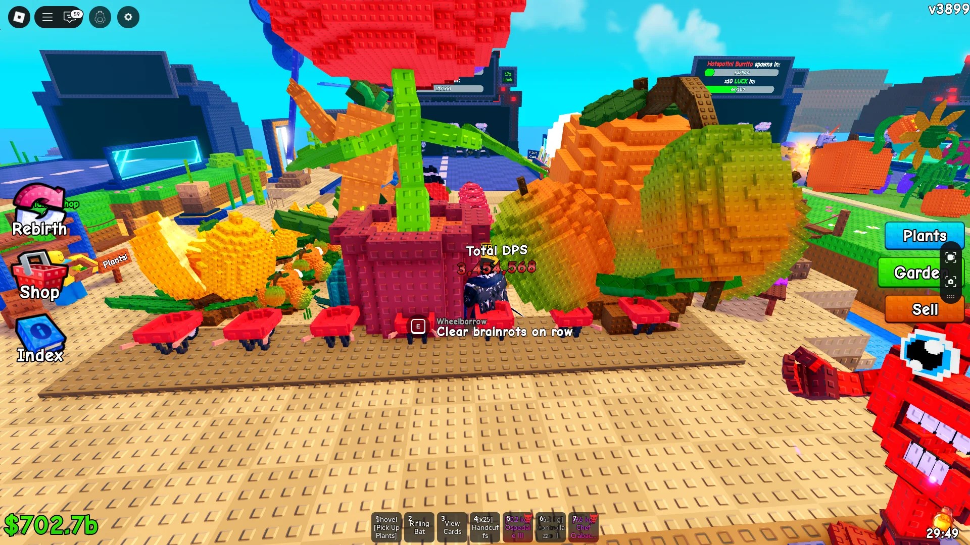Um jogador mostrando o DPS de suas plantas na experiência Plants vs Brainrots Roblox.
