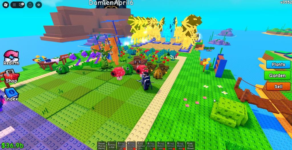 A player showing off their plant field and brainrots in Plants vs Brainrots.