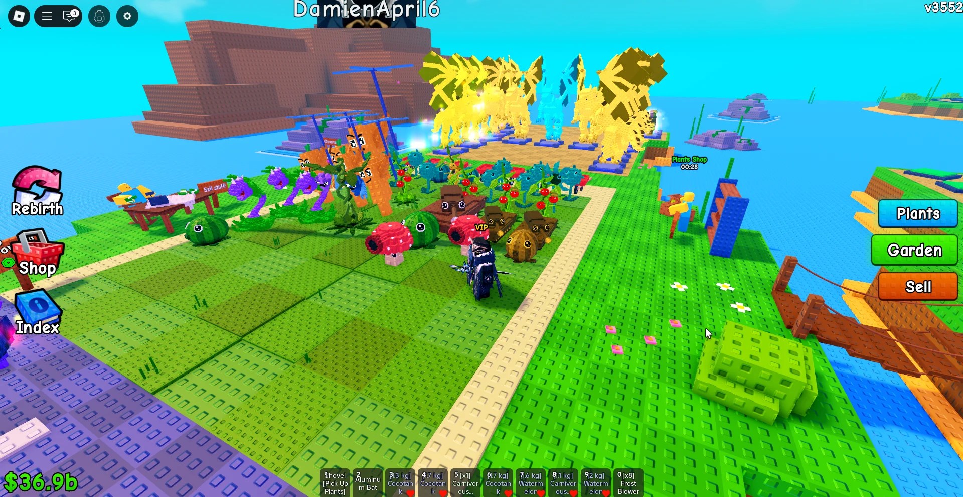 A player showing off their plant field and brainrots in Plants vs Brainrots.