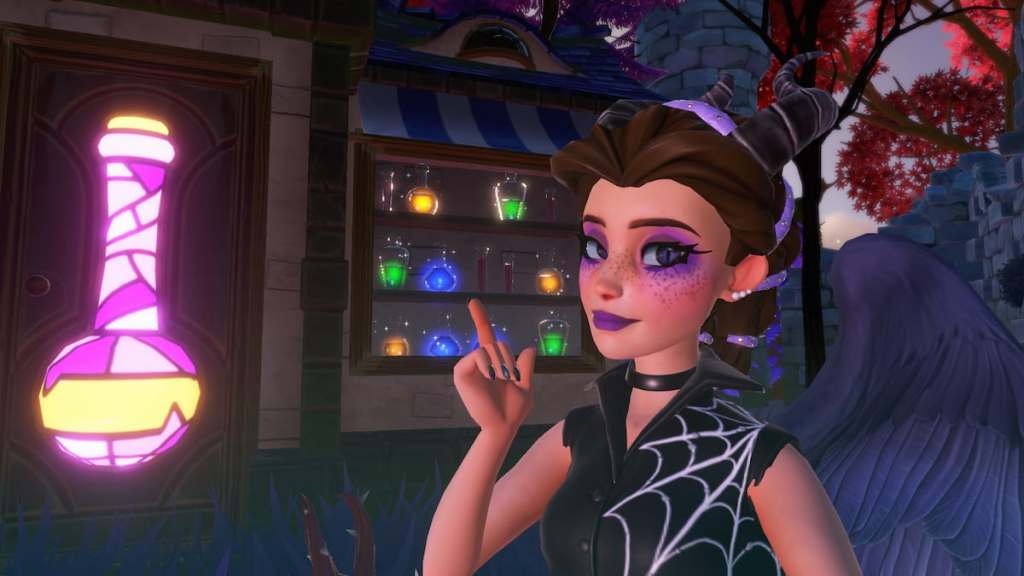 pointing at a potion house in disney dreamlight valley