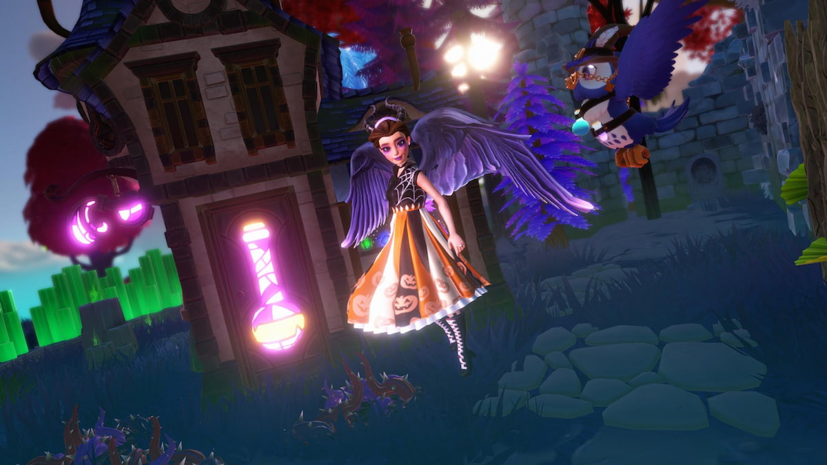 Flying in front of a potion brewer's house in disney dreamlight valley