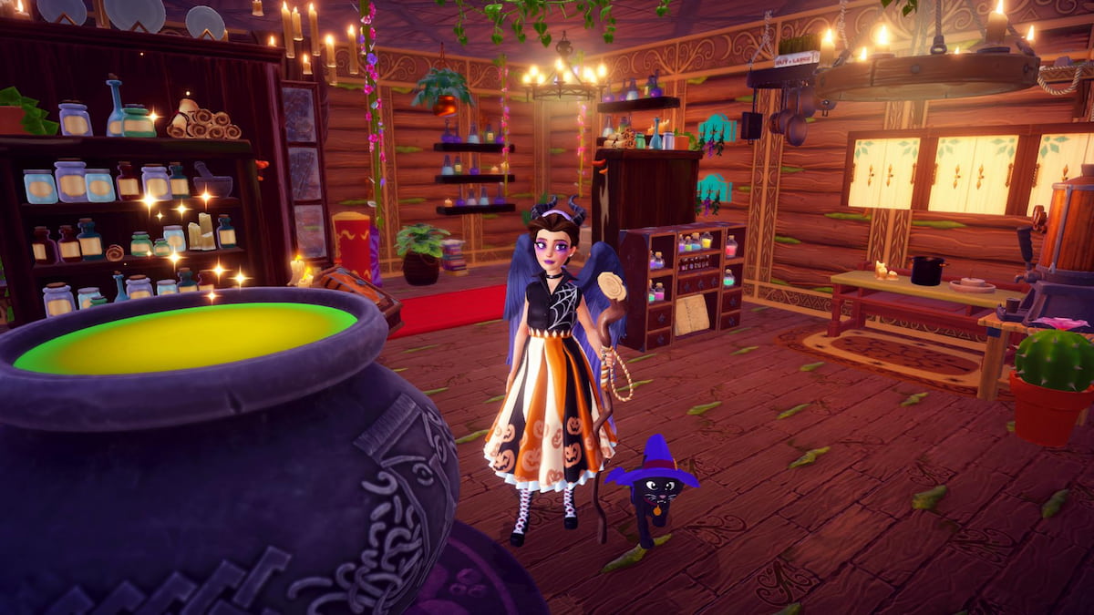 Standing by cauldron in potion house in disney dreamlight valley