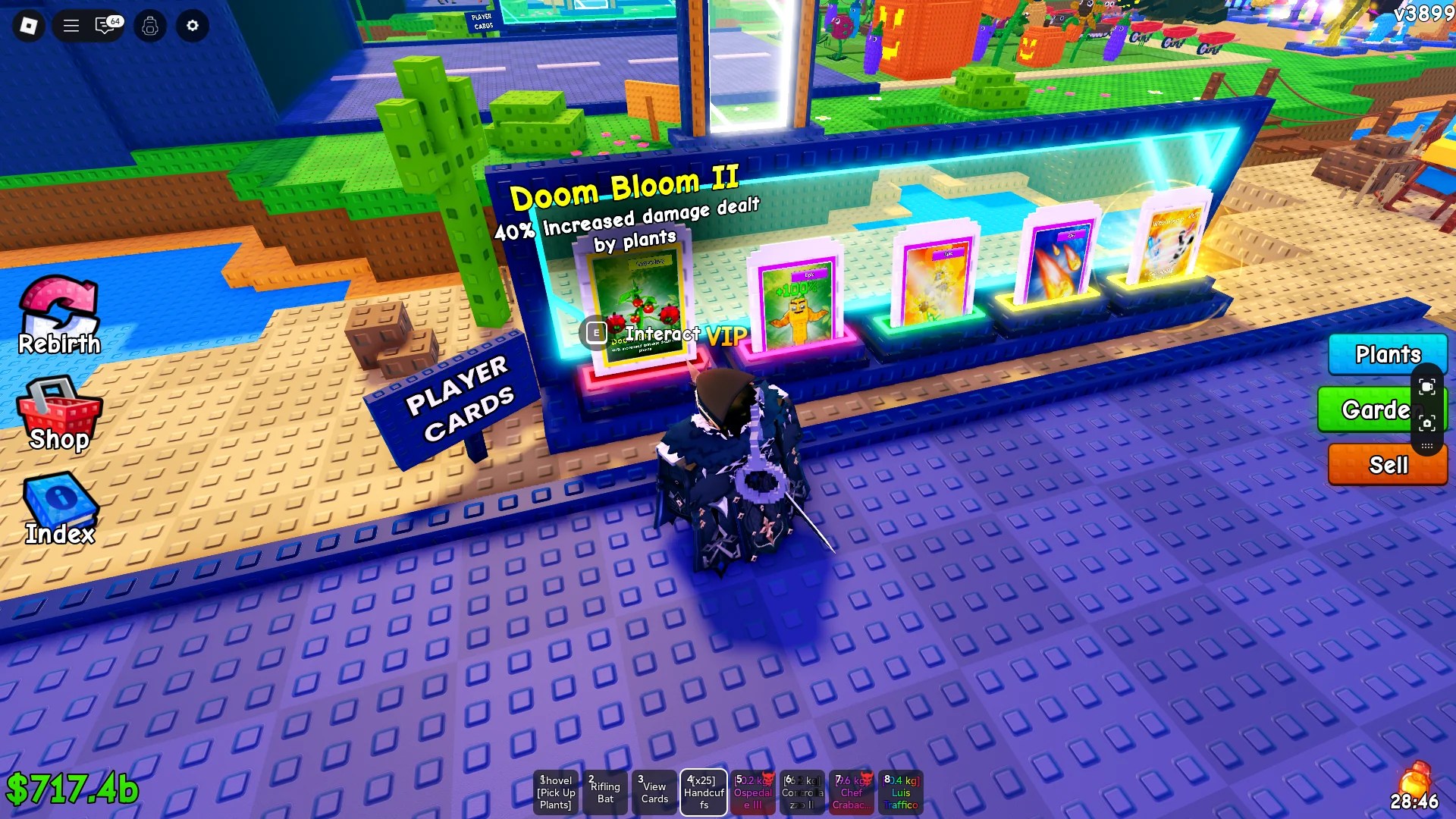 Um jogador mostrando o baralho de cartas ideal para maximizar o DPS das plantas na experiência Plants vs Brainrots Roblox.
