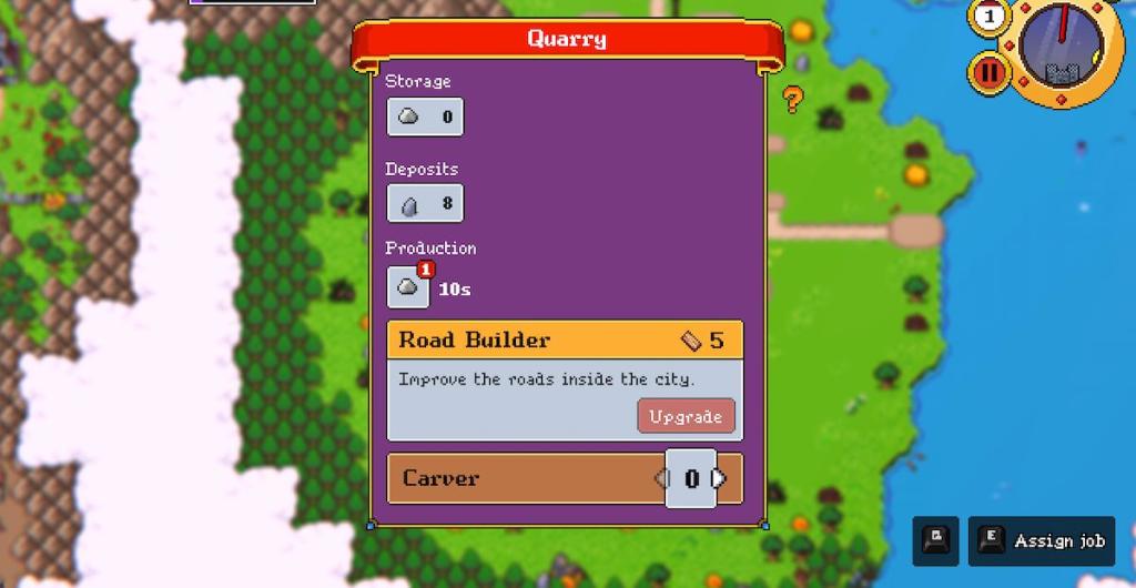 The Quarry menu in Super Fantasy Kingdom showing the option to upgrade it to add a Road Builder.