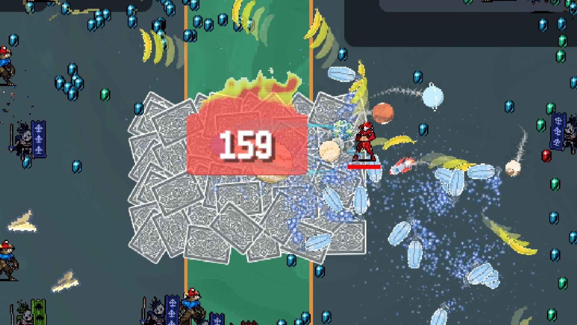 Chicot using Balatro-themed weapons in the Vampire Survivors DLC Ante Chamber