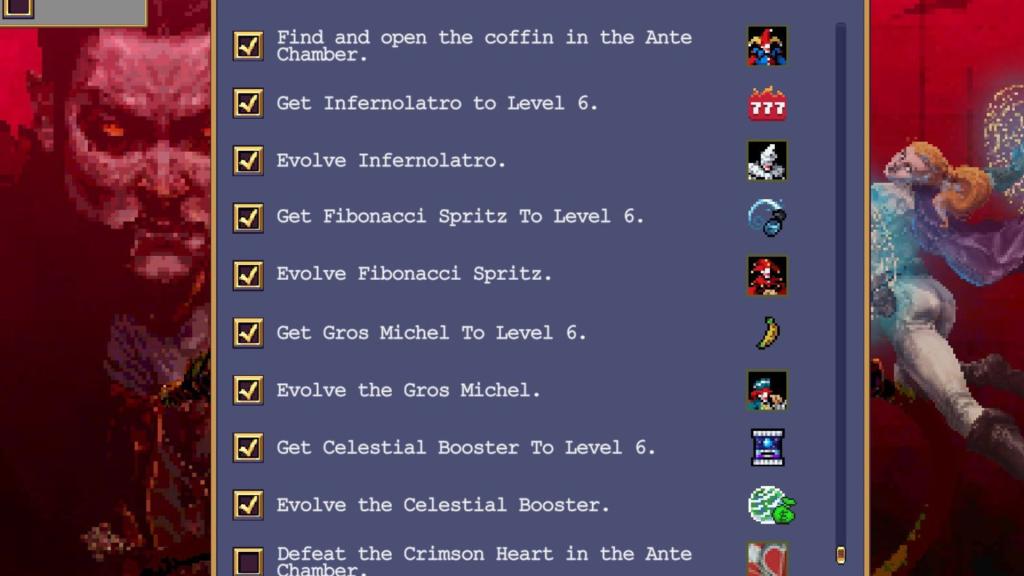 The achievements window in Vampire Survivors showing the Balatro achievements