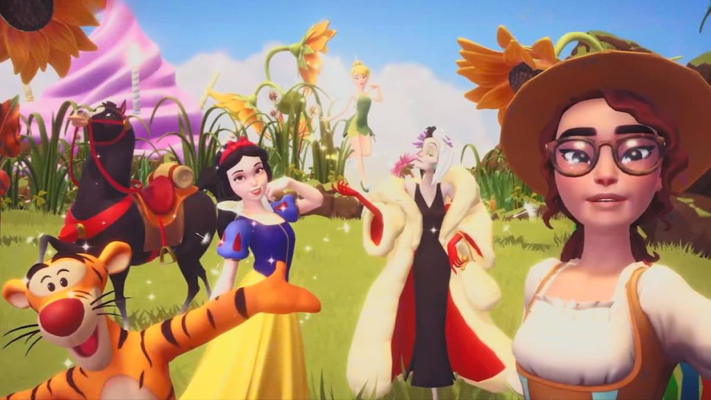 A player taking a picture with Cruella, Snow White, Tigger, and Tinker Bell in Disney Dreamlight Valley