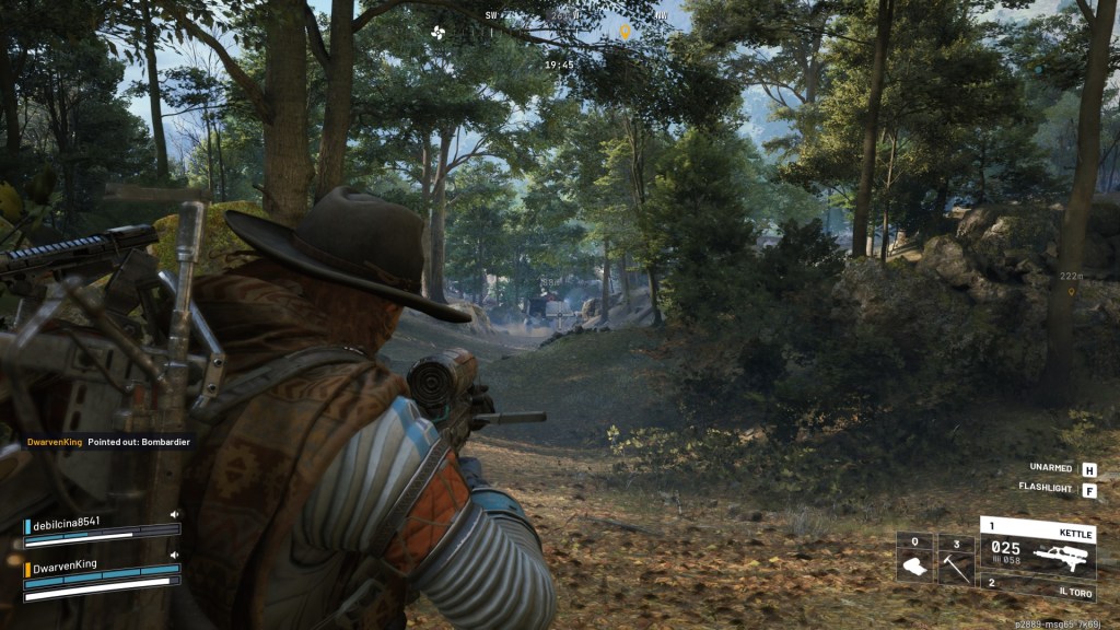 A player in a jungle biome aiming at a massive robot in ARC Raiders.