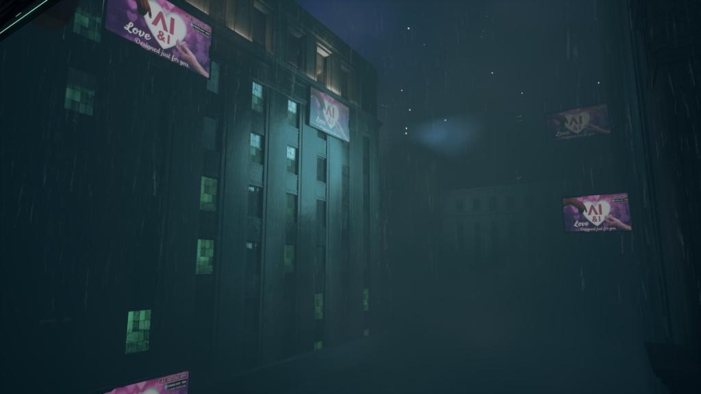 A city of residential complexes with billboards depicting the relationship between humans and artificial intelligence occasionally placed above buildings.