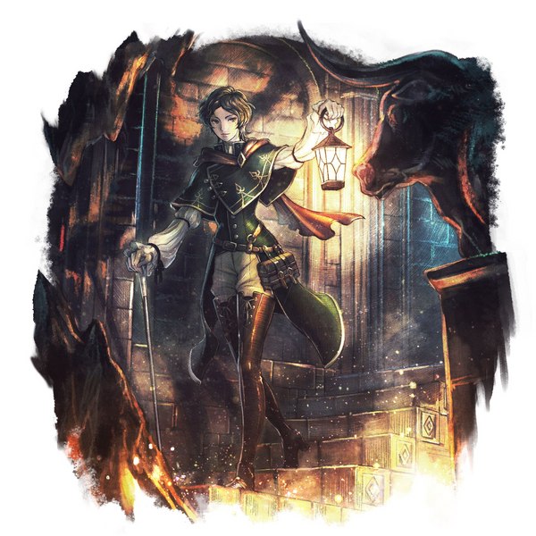 A short-haired woman in a green tunic holding a lantern descends stairs. This is the art for Alexia in Octopath Traveler 0