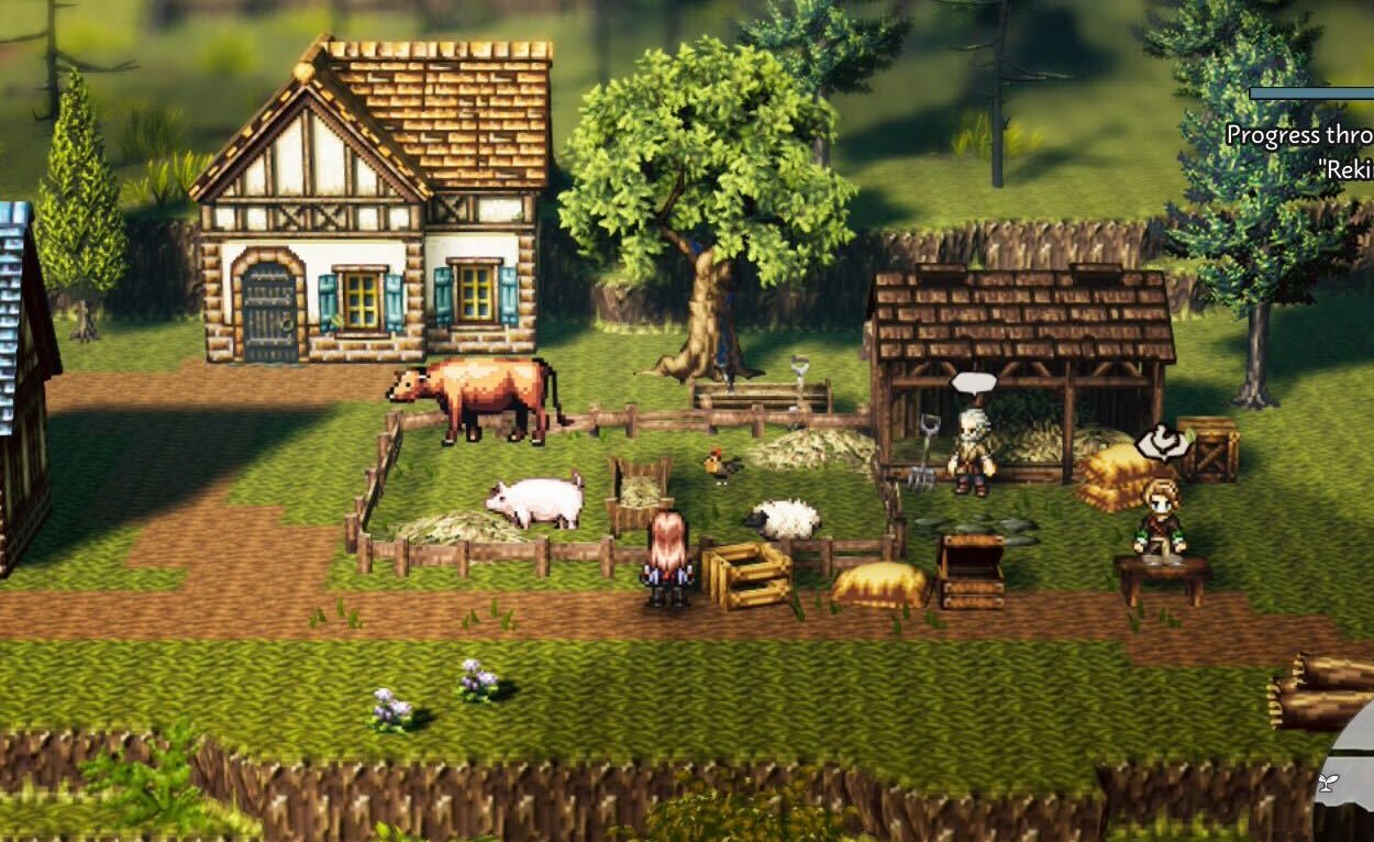 A screenshot of the ranch showing a barn and a pasture of animals in Octopath Traveler 0