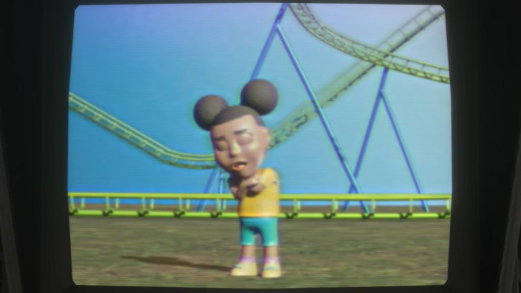 Amanda recalling her amusement park memory in front of the ferris wheel