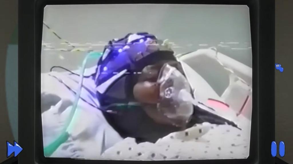 Close up of Rebecca with a strange headwear device to monitor her brain activity