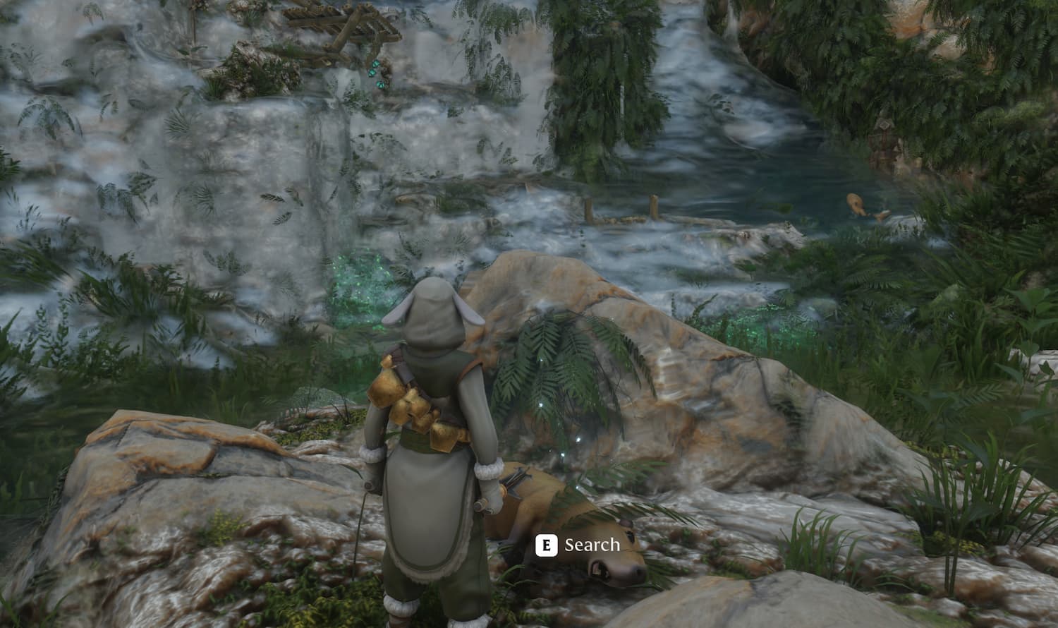 A screenshot from Enshrouded shows a character wearing a lamb outfit standing at the foot of a waterfall in front of a capybara laying on its side.