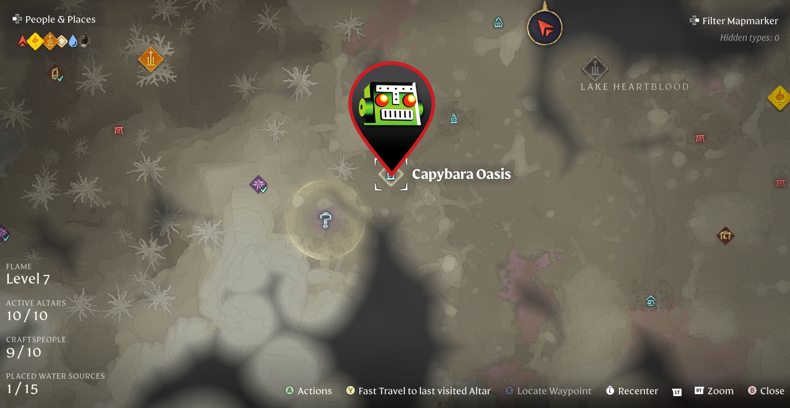 A screenshot from Enshrouded, which shows the Capybara Oasis location on the Embervale map.