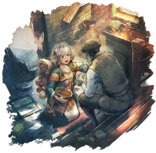 Art for Carinda, a woman with short white hair, in Octopath Traveler 0. She kneels, smiling, at the foot of a staircase while a man sits above her.