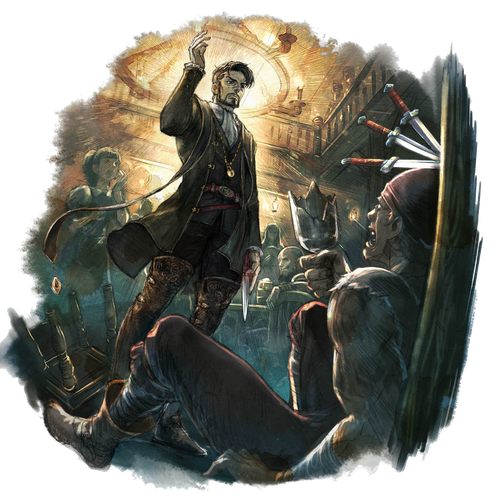 Art for Celsus from Octopath Traveler 0. In the image, Celsus, a dark-haired and well-dressed man, stands over another man with knifes in the wall above his head.