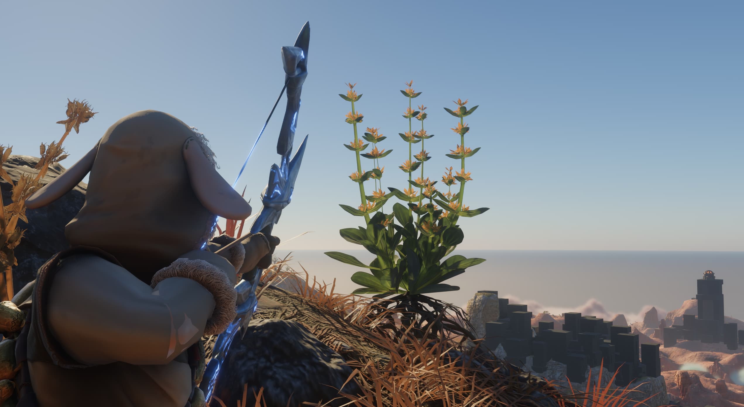 The player character in Enshrouded draws their bow, and they point it at a plant with yellow flowers on a cliff's edge.
