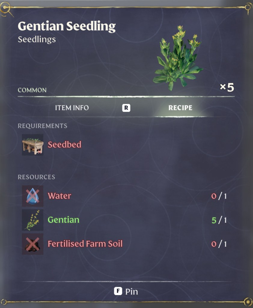 The crafting menu of the Seedbed in Enshrouded showing the Gentian Seedlings