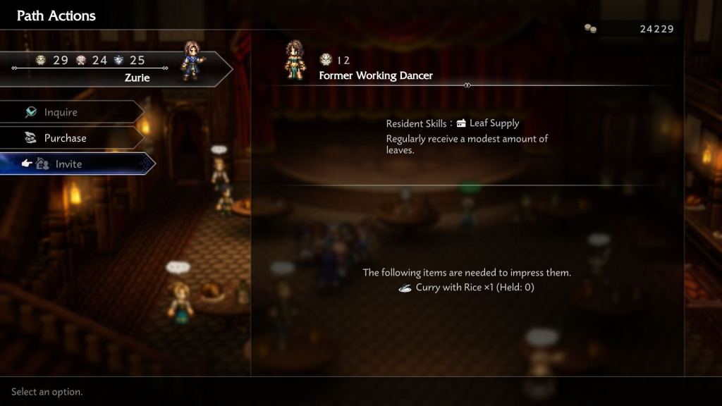 A screenshot from the Former Working Dancer showing the Resident Skill of Leaf Supply, which "regularly receives a modest amount of leaves" according to the description.