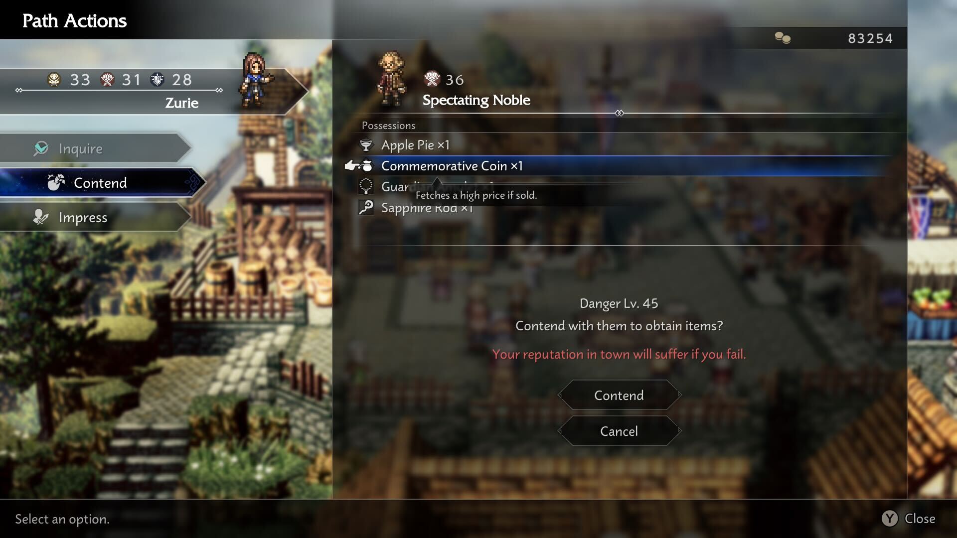 A menu screen from Octopath Traveler 0 showing the path action to Content with a Spectating Noble who has a Commemorative Coin that would fetch a "high" price.