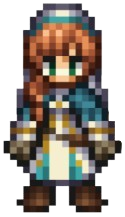 Laurana, a priestly woman with orange hair and a blue outfit.