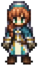 Laurana, a priestly woman with orange hair and a blue outfit.