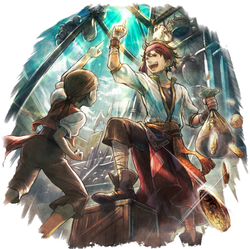 A young man with shaggy brown hair and a red headband stands with his foot atop a wooden box. He points upwards with joy while a younger boy cheers him on.